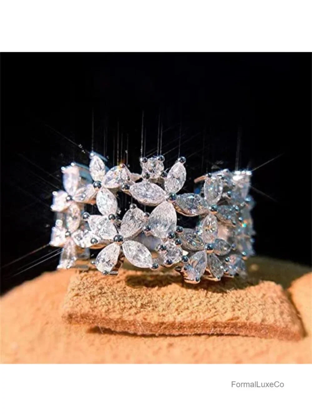 925 Sterling Silver 18K Gold Plated Flower Cocktail Ring CZ Promise Eternity